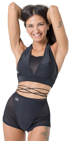 Invertika Conjunto Deportivo para Mujer Top y Shorts Únicos para Pole Dance con Malla y Aberturas Ajustables con Cordones (XS, Negro)