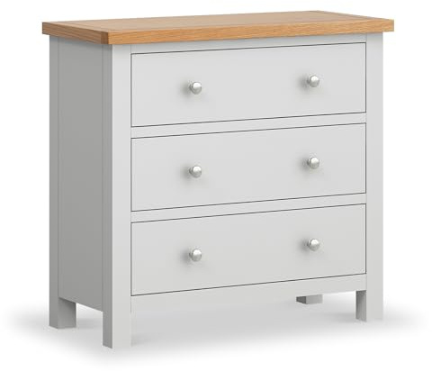 RoselandFurniture Farro Grey Small Storage Chest of Drawers for Bedroom Fully Assembled Contemporary Painted Solid Wood 3 Drawer Unit with Oak Top