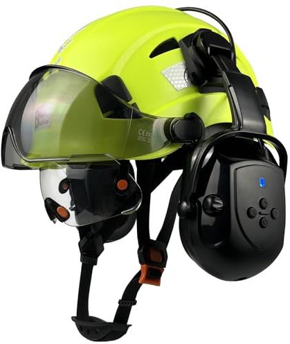 SAFEBUILDER Safety Helmet with Visor,Bluetooth Ear Muffs SNR 26dB,Hard Hat with Visors Mounted Ear muff,OSHA Hardhats Vented (Fluorescent Green Hat Wtih Clear & Tinted Visor & Bluetooth Ear Muffs)