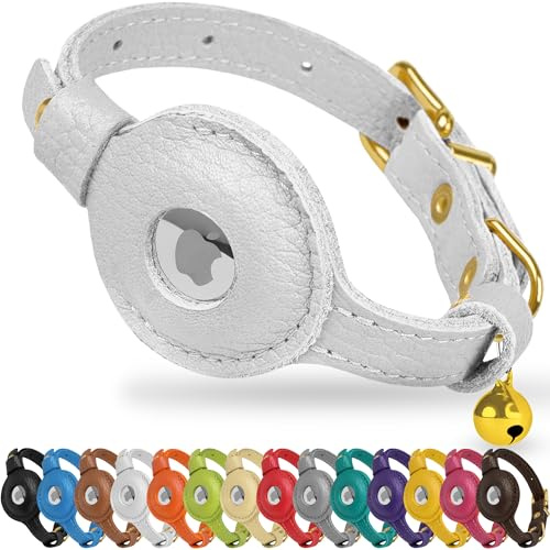 OOPSDOGGY AirTag-Katzenhalsband aus Leder mit Glöckchen, Nicht abreißbar, mit Apple Airtag-Halter, leichtes GPS-Haustierhalsband für Mädchen, Jungen, Katzen, kleine Hunde, Welpen (Weiß)