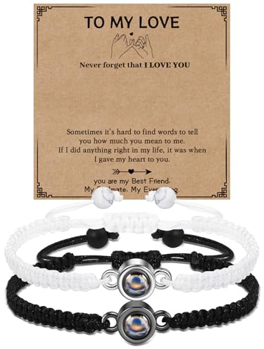 CheersLife Matching Bracelet Couple Gifts For Boyfriend 100 Languages I Love You Projection Bracelets His And Hers Presents for Couples Long Distance Valentines Gifts 2 Pcs Black & White