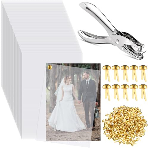 Motipuns 200 Sets 5'' x 7'' Translucent Vellum Paper with Hole Punch 200 Gold Fasteners Plated Round Brads Clear Tracing Paper for Printing Sketching Drawing Wedding Invitations DIY Mother's Day Gift