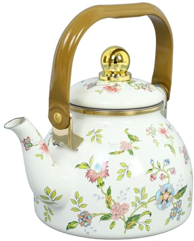 Luxshiny Enamel Teapot 1L with Infuser | Japanese Floral Stovetop Tea Kettle | Vintage Induction Compatible Water Pot for Home, Camping and Gifting