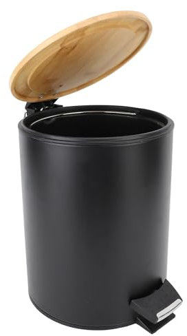 KKPLZZ Cubo de basura redondo con tapa de bambú de gran capacidad, cierre amortiguado, con pedal para cocina, baño, color negro (5 litros)