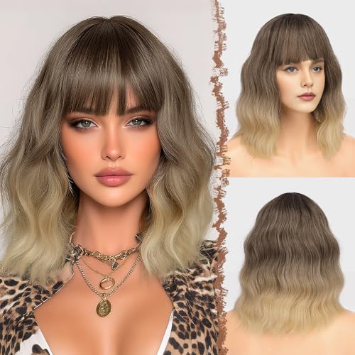 FESHFEN Wellig Bob Perücke mit Pony - 35cm Ombre Blond Gemischt Wellen Schulterlänge Perücken für Damen Frauen Synthetik Kunsthaar Haarperücke für Alltag Karneval Fasching