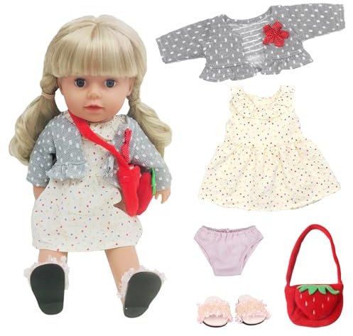 5 Stück Puppenkleidung Set 12-18 Zoll Babypuppenkleidung 30-45cm, Puppenzubehör Kleidung Outfits Rock, Jacke, Puppenunterhose, Tasche, Hausschuhen, süßes Puppenkleidungsset, Geburtstags Mädchen