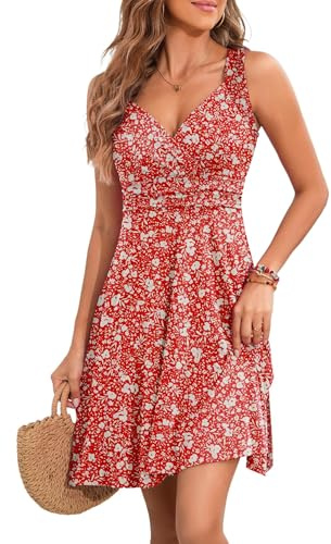 YUTILA Sommarklänning, dam, v-ringad, ärmlös, strandklänning, blommönster, knälång, fritidsklänningar, strand, axelbandsklänning, plissé klänningar, Röd blomma, L