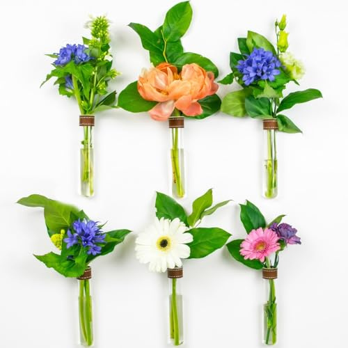 TWILG - Provrör för Blommor Med Kongnacksfärgat Läder och Väggmagnet - Set om 6 - Blomvas, Magnetvas, Provrör Med Stativ, Vasvägg