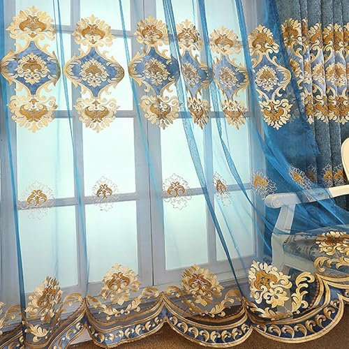 KEKUYA Voile Gardinen Transparent Ösenvorhang Wohnzimmer Schlafzimmer Luftig Dekoschal und Sonnenlichtfilterung 2er Set 132 x 240 cm(BxH) Blaue Stickerei