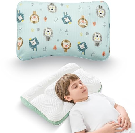 Reidio 1Pc Toddler Pillows with Removable Cotton Pillowcase Ergonomic Design Toddler Pillows for Sleeping Toddler Neck Pillow Kids Pillows Machine Washable 14x20in (Blue Green)