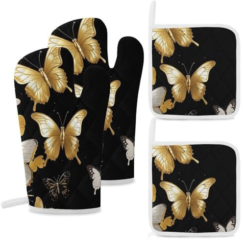 Gold White Butterflies Black Oven Mitts and Pot Holders Set 4 Kitchen Oven Glove Cooking Mitts with Hanging Loop Heat Resistant Potholder Set for Chef Baking Cooking Grilling