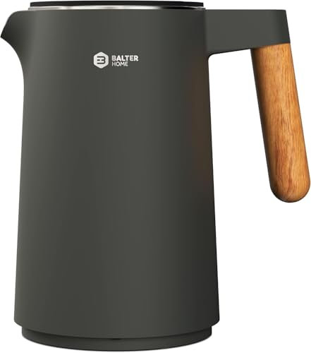 BALTER Edelstahl Wasserkocher mit Temperatureinstellung, 45°C-100°C, Doppelwand, BPA frei, leise & kabellos, Warmhaltefunktion, Teekocher mit Temperaturanzeige, 1.5L, 2200W, Schwarz (Blue Gray)