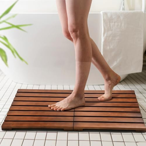 Teak Duschmatte, Faltbare Luxus Holz Duschmatte Rutschfeste Holz Badematte für Badezimmer, Badewanne, Spa, Sauna, Pool, Indoor Outdoor Wasserabweisende Badezimmer Bodenmatte