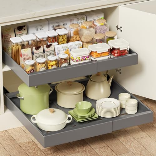 Aukimo 2Pack Teleskopschublade, Ausziehbarer Schrank Organizer mit Einstellbarer Breite (32-53 cm), Hochwertiger Kohlenstoffstahl, Ausziehbare schublade küche für Schrank & Pantry(Grau)