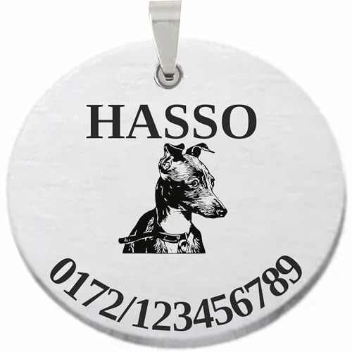 INDIGOS UG - Hundemarke mit Gravur Greyhound Windhund - rund - Wunschtext personalisiert - Edelstahl 40mm - Namensschild Halsband - Dog Tag - Anhänger Marke für Hunde & Welpen