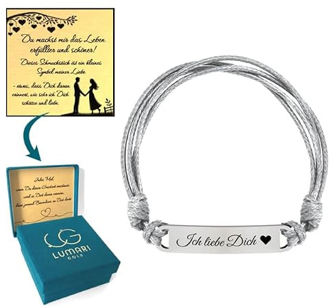 Lumari Gold Personalisierte Gravur Armband mit Edelstahlplatte – Individuelle Gravur - Armband in Schwarz, Braun oder Grau – Geschenk Schmuck Geburtstag- hypoallergen und farbecht für Frauen Männer