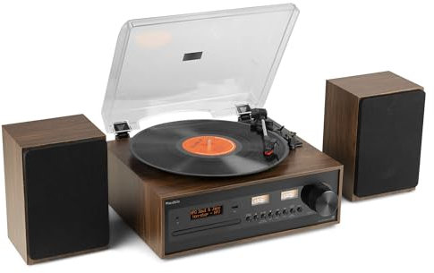 Audizio Boston Vinyl Record Player with CD, DAB Radio, Bluetooth HiFi System, Turntable Speaker, 3-Speed Home Stereo System, USB, AUX, Remote Control - Black/Brown