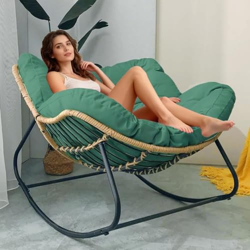 BYGSBKDP Giant Leisure Patio Rocking Chair for Adults, Comfy Wicker Papasan Chairs, Outdoor Egg Chair, with Soft Thick Cushio for Indoor, Grand, Patio, Living, Bedroom, Reading Room (Green)