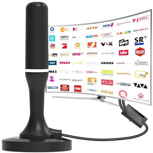 Antenne TV Intérieur Puissante TNT, 2025 Antenne TNT avec Amplificateur de Signal à Gain Élevé, Réception Longue Portée à 360° pour 1080P 4K DVB-T DVB-T2 VHF UHF