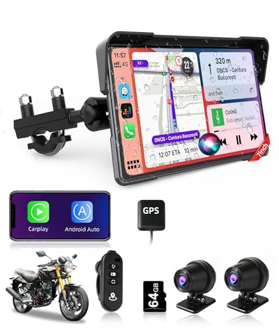 2025 Motorcycle CarPlay Screen 7 4K+1080P Dash Cam Front and Rear Android Auto Wireless Carp Lay Waterproof for Moto with Dual Cameras GPS Navigation Touchscreen Wired Controller Bluetooth TF-64G