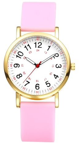 JewelryWe Damenuhr Uhr mit 24-Stunden-Zifferblatt und Silikonarmband: Damen Analog Quarz Armbanduhr mit Rosa Silikon Armband und Großen Zahlen Krankenschwester Uhr für für medizinisches Personal