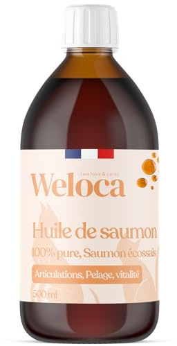 Olio di salmone per cani e gatti | Marchio francese | Salmone Premium scozzese | Ricco di omega 3 6 9 | 100% naturale | Pressato a freddo e puro | Integratore alimentare per cani | 500 ML
