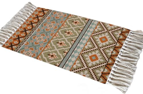 Aniyan Teppich 60x130 cm Boho Baumwollteppich Waschbar mit Quasten, Webteppich Faltbar für Camping Outdoor, Wohnzimmer Schlafzimmer Küche Flur, Handgewebter Antirutsch L?Ufer (Stil G)