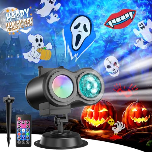 Macchiatto Halloween Projektor, 2-in-1Schneeflocken Projektor Lichter mit Fernsteuerung LED Projektionslampe außen Innen mit 20 Schaltbare Muster 10 Farben Wasserwelleneffekt für Halloween Party Feste