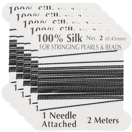 Hoite Hilo de seda pura para abalorios (5 piezas, 0,45 mm) con aguja para anudar perlas (negro)