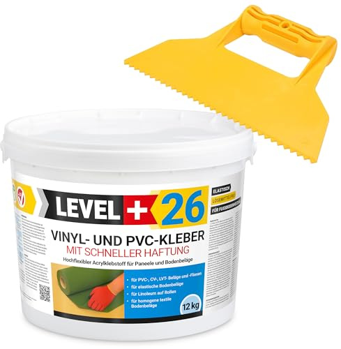 Level Plus 26 Vinylkleber PVC LVT CV Paneele Teppich 12 kg Vinyl Fliesen Bodenbeläge Flex Klebstoff Bodenkleber Lösemittelfrei Schnelle Haftung + Dreieckzahnspachtel Set