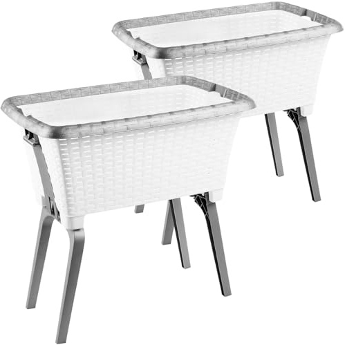 SUSTANIA Lot de 2 paniers à linge avec pieds, 60 x 40 x 26 cm, en plastique, avec support automatique, aspect panier, ergonomique, surélevé, blanc, fabriqués dans l'UE