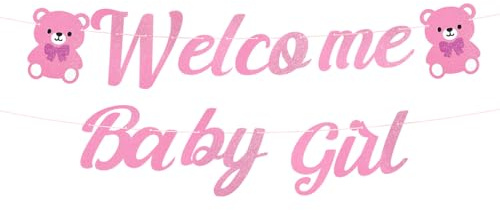 2pcs Décoration Bienvenue Bébé Fille, Rose Pré-Montées Bannière Bienvenue Bébé Fille avec Deux Ours Roses Décoratifs Guirlande pour Nouveau-Né pour Baptême et Fête de Révélation du Sexe