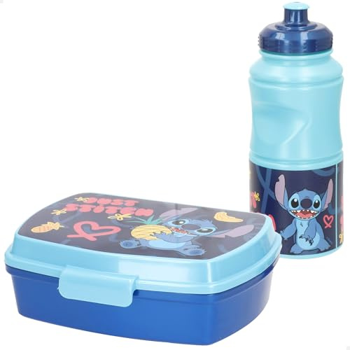 ColorBaby Stitch 77642 Ensemble bouteille et tupper pour enfant, licence officielle, bleu, capacité 380 ml, boîte à déjeuner scolaire, kit à emporter, garçons et filles à partir de 4 ans