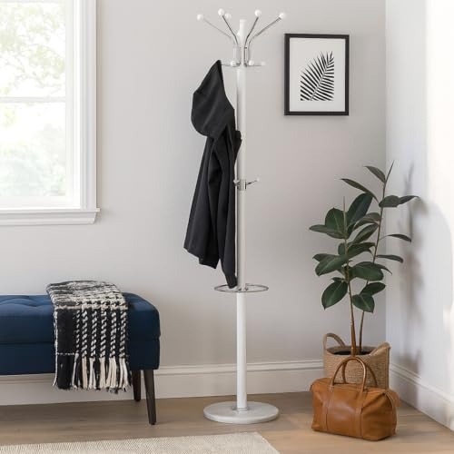 BURAKH Coat Rack with Marble Base – Modern Clothes, Jacket & Umbrella Stand, Durable Garment Hanger for Home, Office & Hallway (White)