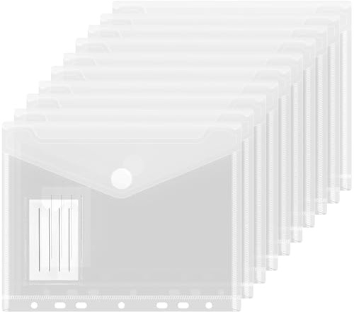 10PCS Dokumententasche A5, Klarsichthüllen A5 mit Klettverschluss und Etikettentasche, Umschlagmappen zum Abheften 22,5 × 18 cm 7 Löcher Sammelmappen Wasserdicht für Dokument Organisieren