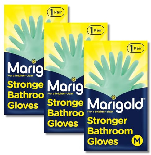 BBliss 3 Pairs of Stronger Bathroom Cleaning Gloves | Roll-Top Cuffs Natural Rubber Latex Textured Grip Gloves with Cotton Lining for Toilet, Shower, Sink, Tile & Window Cleaning | (Medium) - Green