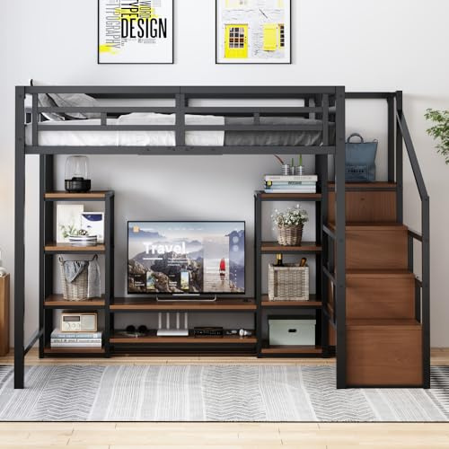 Vepssder Letto a soppalco per bambini/adulti 140 x 200 con mobile TV, presa elettrica e scala di sicurezza, struttura robusta in metallo e legno, letto a castello, telaio letto soppalco 1 posto (nero