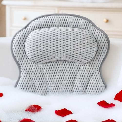Bath Pillow LAVISMA Ergonomic Bathtub Cushion with 4D Breathable Mesh, Head, Neck, Shoulder & Back Support, 6 Strong Suction Cups, Quick Dry Spa Pillow for Bathtub Jacuzzi Hot Tub - Light Grey
