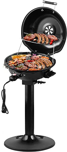 CUSIMAX Elektrogrill Standgrill mit Deckel und Standfuß, Regulierbare Temperatur und Fettauffangschale, 1600W Elektrischer Barbecue-Grill für Außennutzung, Balkon & Garten, Leichte Reinigung