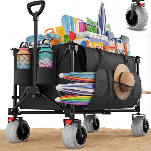 TRIUMPHKEY Bollerwagen Faltbar 200L 150KG, mit 21.5x10cm PU Strandrad, Verstellbarem Griff, 90°-Drehung, Faltbarer Bollerwagen Geländetauglich mit Bremsen All Terrain Bollerwagen, Schwarz