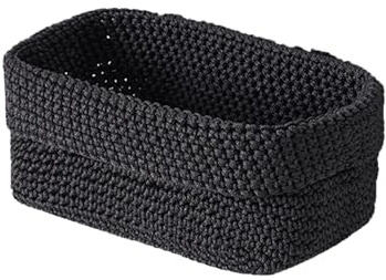 Panier de Rangement Noir, Panier Tricoté à la Main en Corde de Coton, 21×13×15,5 cm, Petit Panier Tressé, Boîte Organisatrice pour Cuisine, Salle de Bain, Étagères, Pain et Cosmétiques