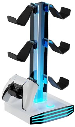 Multipurpose Gaming Stand for 3 Controllers and 2 Headsets with USB Charging and LED Effects Headphone Display Stand Customizable LED Lights and Stable Base