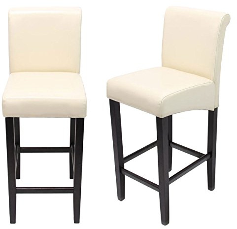 Mendler 2er-Set Barhocker HWC-C33 - Creme, dunkle Beine, Leder | Barstuhl, Tresenhocker, Holz