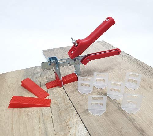 Fliesen Nivelliersystem Rot Fliesenstärke 3-12 mm Maxi-Set 2 mm 1500 Laschen 200 Keile + Zange -Verlegesystem Fliesenverlegung Fliesenverlegehilfe Fliesenverlegesystem Fliesennivelliersystem