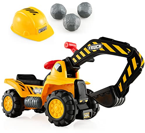 DREAMADE Bagger zum draufsitzen, Sitzbagger mit Schaufel & Helm & 3 Spiel-Steine, Aufsitzbagger mit Hupe & Stauraum, Sandbagger Rutscher Rutscherfahrzeug für Kinder ab 3 Jahren