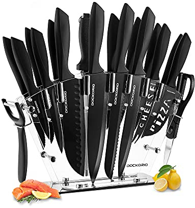 Dockorio Kitchen Knife Set with Block, 19 PCS High Carbon Stainless Steel Sharp includes Serrated Steak Knives Set, Chef Knives, Bread Knife, Scissor, Sharpener, all in one