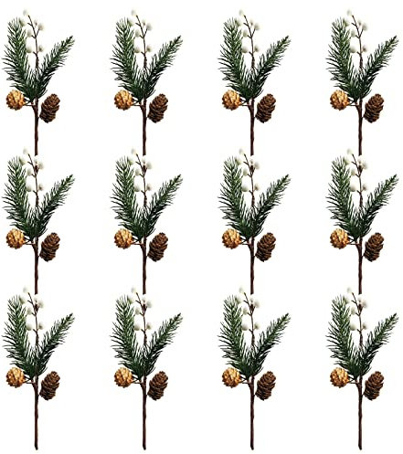 MCDSAJ 12 rote Beeren und Tannenzapfen Weihnachten Picks mit Stechpalmen-Zweigen, natürliche Tannenzapfen für Weihnachten, Blumenarrangement, Kranz, Winter, Urlaub, Basteln, Dekoration