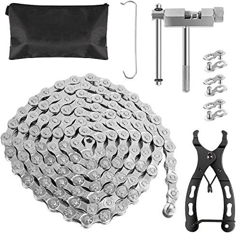 LZZ Fahrradkette, 6/7/8 Fach Fahrrad Kette 1/2 x 3/32 Inch 116 Glieder, Fahrradkette Edelstahl Werkzeug Set mit Kettenbrecher, Fahrradkette Zange und 3 Paar Kettenschloss, für Mountainbike usw.