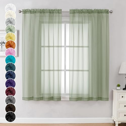 Chyhomenyc Tende trasparenti verdi salvia lunghe 137 cm, 2 pannelli, con tasca corta per asta, tende in voile per sala da pranzo, piccole finestre, bagno, soggiorno, camera da letto, ognuna 106 x 137