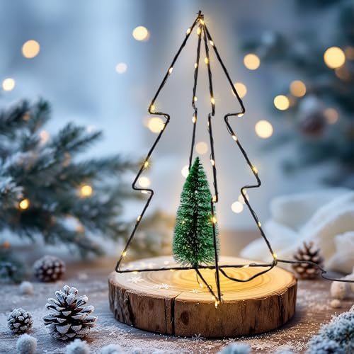 3D Metall Aufsteller Tanne schwarz mit Timer - 30 cm - Deko Tannenbaum mit 40 LED in warm weiß - Weihnachten Advent Winter Tisch Dekoration zum Aufstellen für Innen